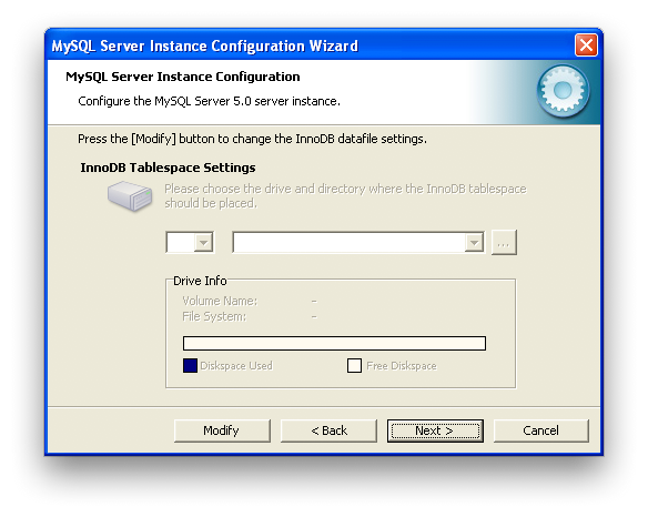 MySQL Server Instance Configuration
            Wizard: InnoDB Data Tablespace